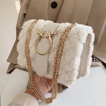 

Female Plaid Square bag 2020 Winter New Quality Soft Plush Women's Designer Handbag Lock Chain Shoulder Messenger Bags #55