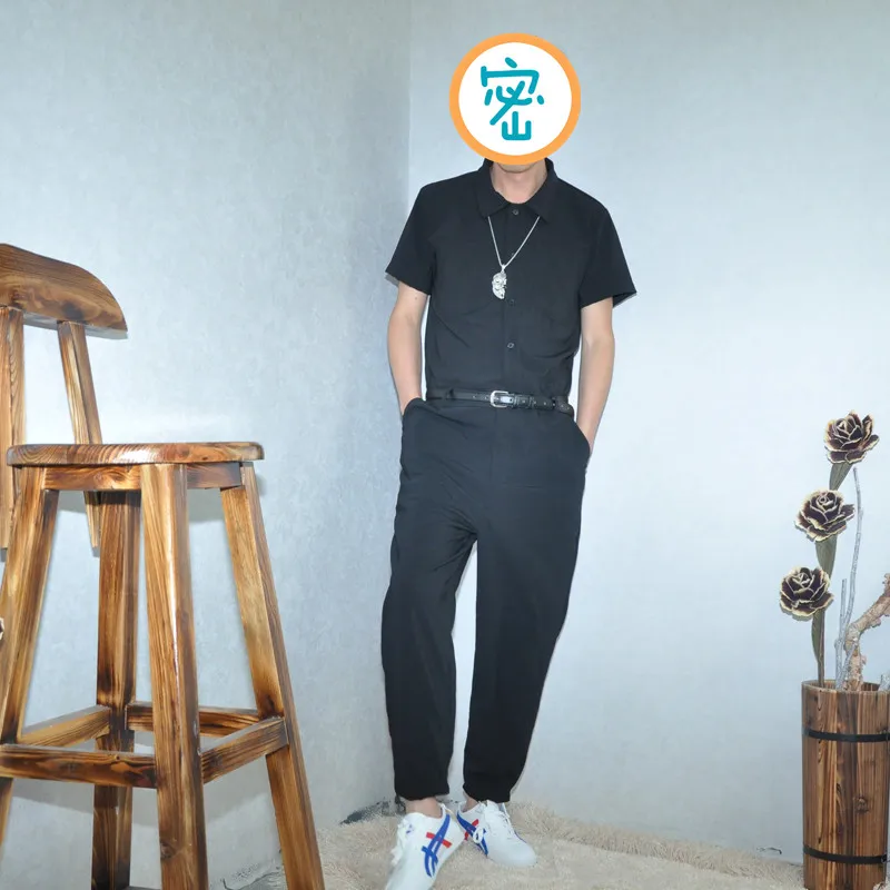 

Men's spring/summer fashion men's nine-quarter overalls cargo jumpsuit loose large size harenpants belted trouser suit