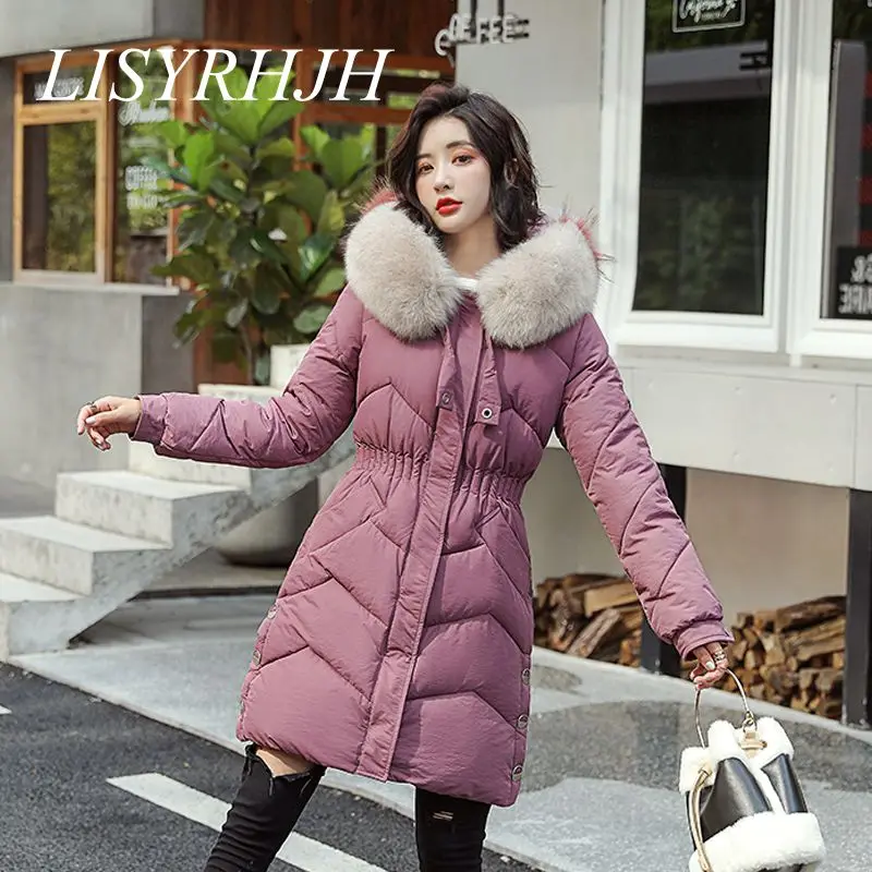#*Cheap 2019 New Large Fur Collar Winter Jacket Women Slim Ladies Hooded Thicken Parka Warm Hooded Faux Fur Female Long Winter Coat