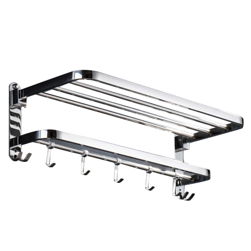 

Multifunctional Stainless Steel Anti-Rust Toilet Bathroom Foldable Towel Rack Wall Mounted Storage Double Level with Hooks Rod H