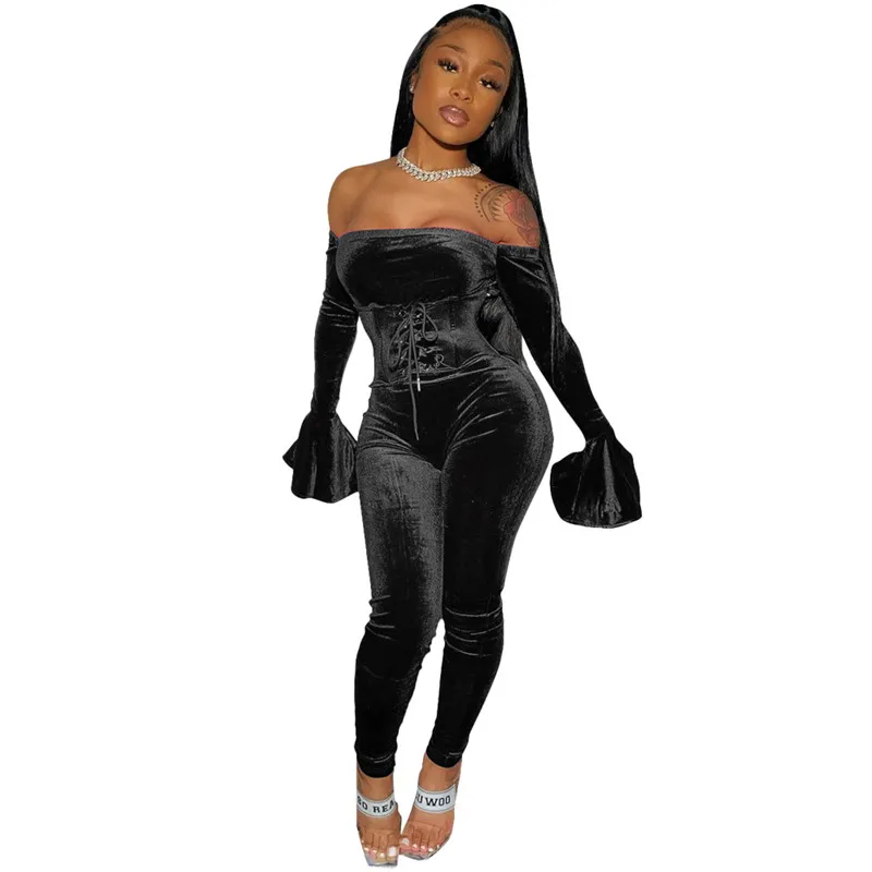 black jumpsuit Бархатные комбинезоны на шнуровке с люверсами, с вырезом лодочкой, с расклешенными рукавами, сексуальные комбинезоны, вечерние костюмы для ночного клуба, повседневные повязки, цельные наряды - Цвет: black jumpsuit
