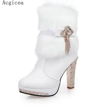 

Size 35-50 Nice Crystal Fur Women Mid Calf Boots Metal Spring Autumn Shoes Woman Platform Ladies High Heels Elegant Footwear