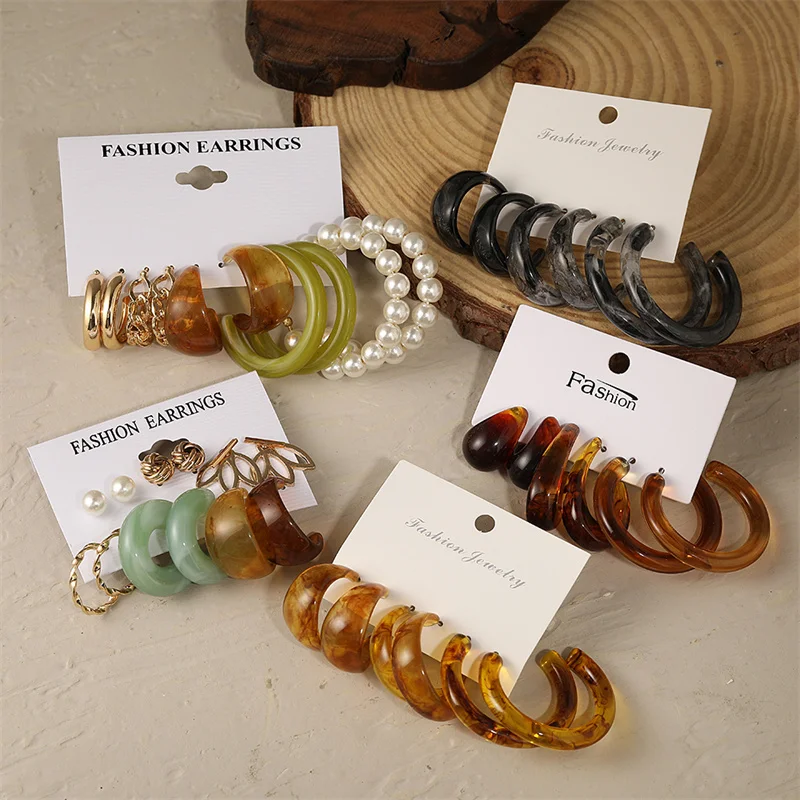 Colorful Resin Earrings Set  Pearl Hoop Candy Color Metal Mix Match 2024 New Style for Women Wedding Party Earrings