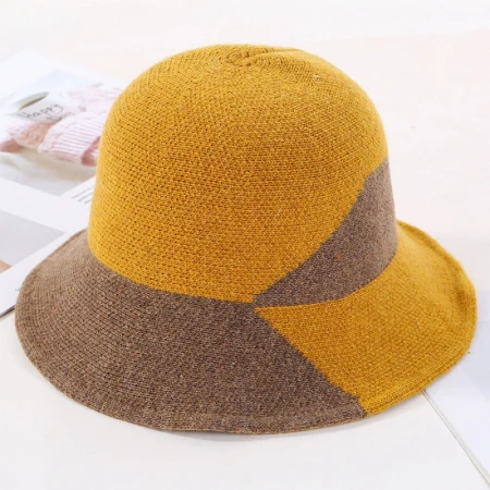 Цвет: желтый HT2768 New Fashion Knitted Hat Elegant Warm Autumn Winter Wool Hat Lady Wide Brim Bucket Hat Female Patchwork Fishing Bucket Cap - Цвет: Цвет: желтый