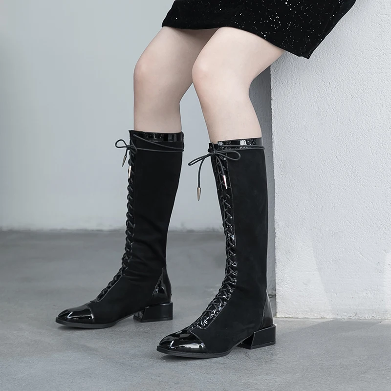 ASUMER Big size 34-43 Genuine leather boots lace up square heel zipper autumn winter boots fashion ladies knee high boots