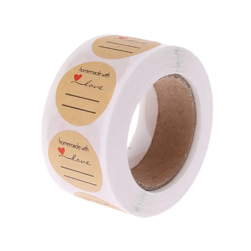

500pcs/Roll 25mm Round Kraft Paper Handmade With Love Sealing Stickers Candy Bag Label Packing Gift
