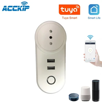 

ACCKIP Smart Plug Wifi Smart Socket Italy Chile Outlet 10A Tuya Alexa Google Home with 2 USB Travel Adapter