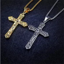 Hip-Hop Gold Cross Necklace Pendant For Men 316L Stainless Steel Chain 60cm + Alloy Cross
