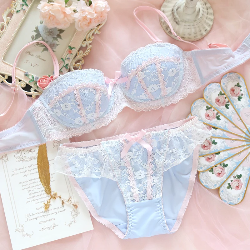 sexy bra and panty Underwear sweet and cute lace lingerie with briefs set girl heart fresh steel ring gathered thin bra set large size bralette bra and knicker sets cheap Bra & Brief Sets