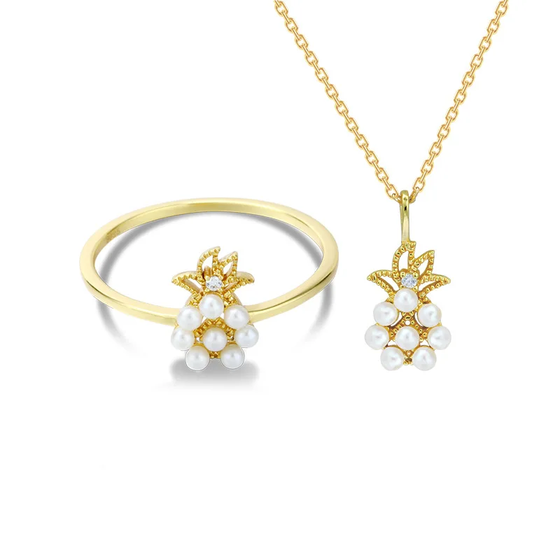 

Korean Style INS Torrid Zone Fruit Pineapple Natural Pearl Necklace 925 Silver Ring Set