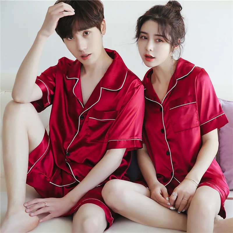 

Couples Pajamas Summer Model Silk Pajamas Female Summer Short Sleeve Thin Viscose Plus-sized Menswear-Outer Wear Home Set