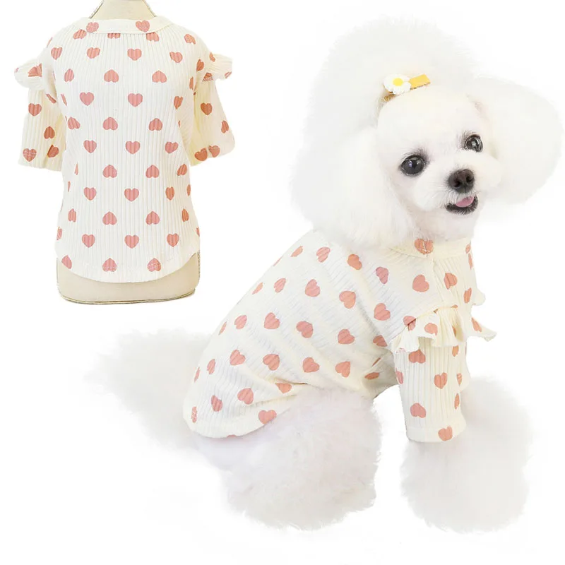 Pink Beige Gray Cotton Pet Clothes Puppy Hoodies Tshirt Heart Pattern O-neck Lace Short Sleeve Sweater Sweatshirt For Small Dogs pet clothes