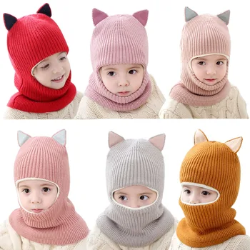 

new baby girl Balaclava Mask Fur hat winter Wool warm velvet Beanies Knitted Cap Kids pompom Girl Boy Bonnet Kids Hats & Caps