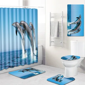 

Dolphin Shower Curtain Mat Toilet Cover Mat Non-Slip Kitchen Pad Five-Piece Carpet bathroom mat set anti slip mat for shower