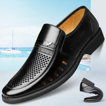 

2020 Summer New Men's Hollow Breathable Leather Shoes Business Formal Men's Genuine Leather Sandals Black Slip on Men Loafers