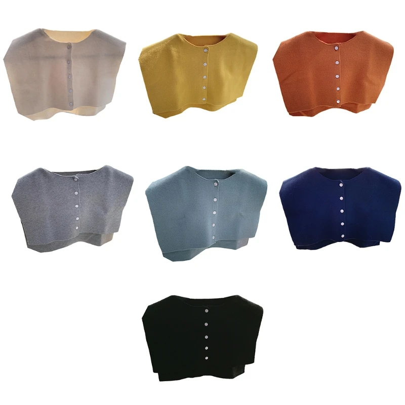 

Women Knitted Big Shawl Button Down Fake Collar Solid Color Neck Warmer Capelet
