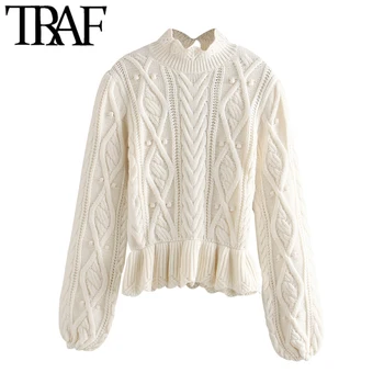 

TRAF Women Chic Fashion Ruffled Cable Knitted Sweater Vintage High Neck Puff Sleeve Female Pullovers Chic Tops
