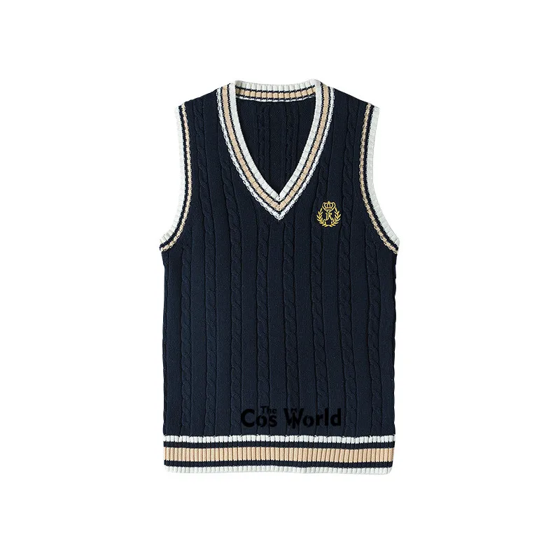 Navy Blue S-5XL весенне-осенние мужские женские вязанные жилеты без рукавов в полоску Пуловеры Свитера с v-образным вырезом для JK школьная форма Студенческая одежда - Цвет: Navy Blue