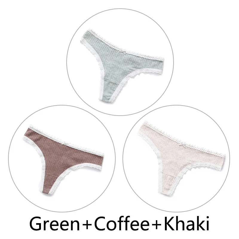 Green Coffee Khaki 3 шт., сексуальные женские кружевные стринги, хлопок, бесшовные стринги, нижнее белье, мягкое женское нижнее белье, шелковое антибактериальное белье - Цвет: Green Coffee Khaki
