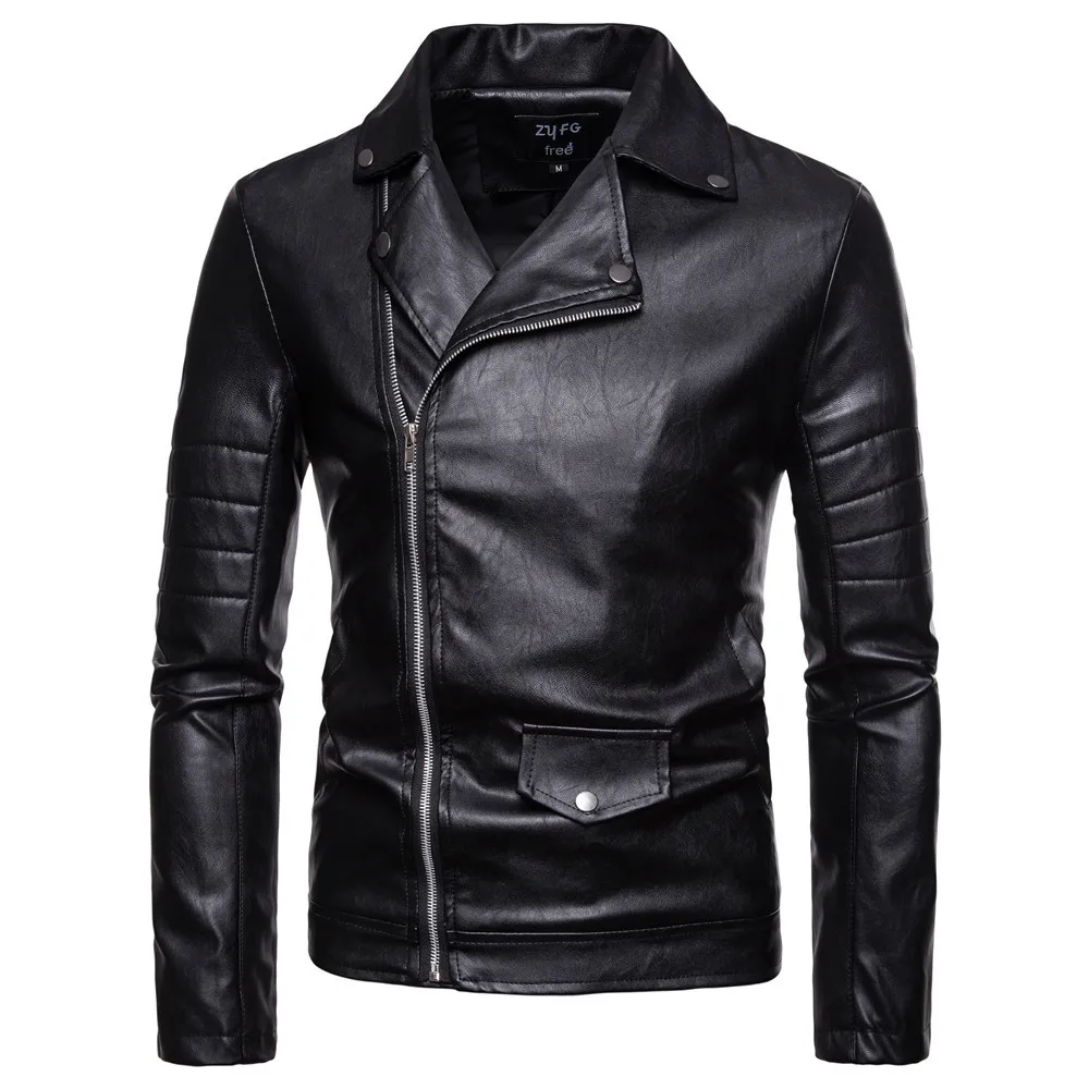 

2018 Autumn And Winter New Style Western Style Men Solid Color Oblique Zipper Cardigan Fold-down Collar Locomotive Leather Coat