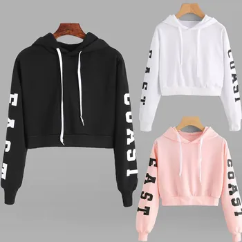 

4 Colors Pink Cropped Hoodies Drawstring Women Letters Print Long Sleeve Hooded Sweatshirt Autumn Graphic Sweet Hoodies