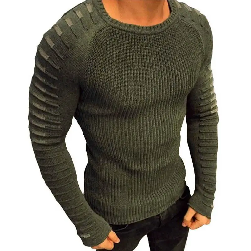 Осенний и зимний мужской Модный повседневный мужской свитер черный белый свитер модный тонкий свитер с круглым вырезом и длинными рукавами - Цвет: Армейский зеленый