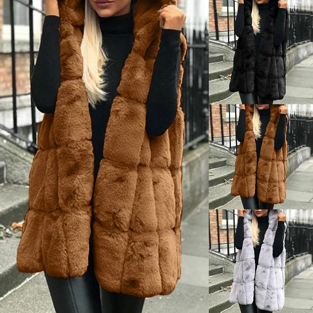 Womens Winter Warm Fur Vest Coats New Ladies Warm Faux Fur Gilet Vest Sleeveless Hooded Waistcoat Long Jacket Coat Outwear