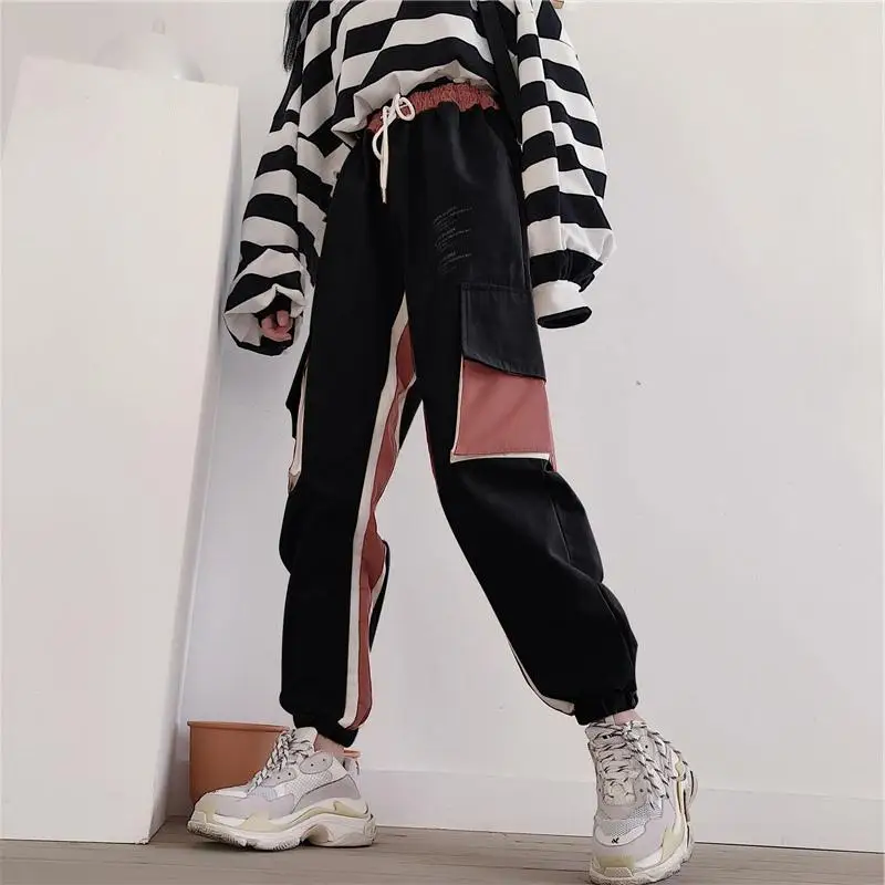 black pants Woherb, Новое поступление, брюки-карго с карманами и высокой талией, Harajuku, повседневные свободные длинные брюки, корейский стиль, универсальная уличная одежда 91109 - Цвет: black pants