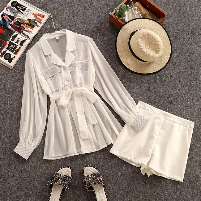 

2019 Autumn New Women's Sets Korean Fashion V-neck Chiffon Shirt Jacket Wide Leg Pants Shorts Two-piece Suit Women Free Shipping