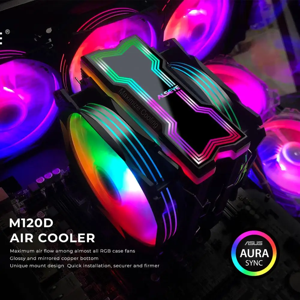 ALSEYE M120D refroidisseur de processeur réglable rvb éclairage 120mm PWM 4 broches soutien 5V-3pin Aura/RGB FUSION caloduc refroidisseur soutien LGA1200