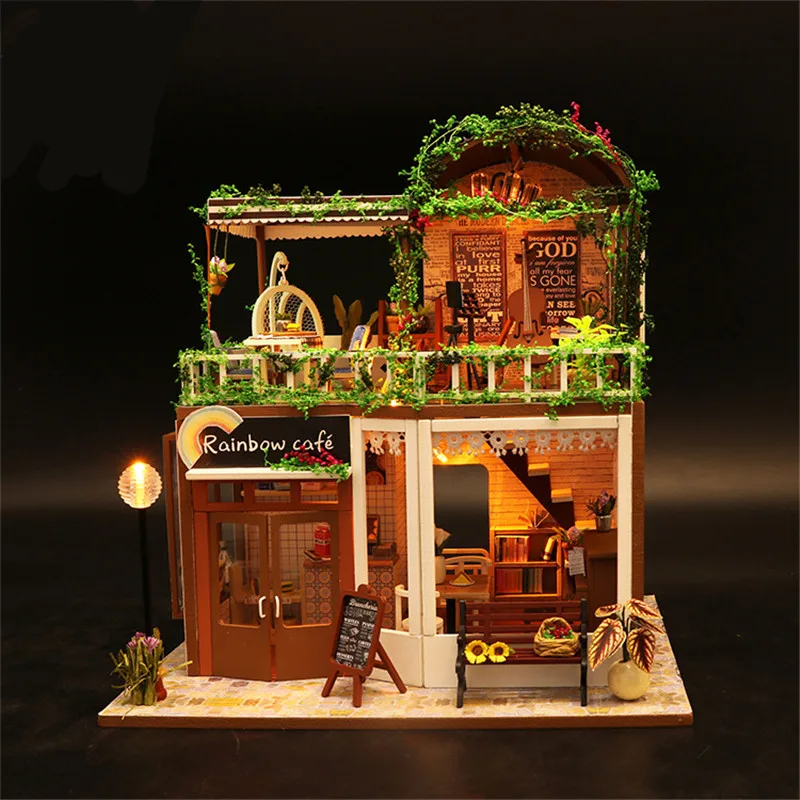 Bambola di legno Casa con mobili in Miniatura Fai Da Te Negozio Cafe Caffè Pub Ragazza DOLLS 