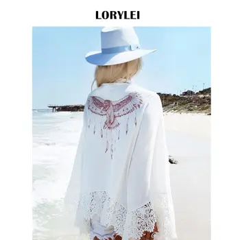 

2020 Sexy Eagle Printed White Chiffon Tunic Plus Size Women Tops and Blouse Shirts Summer Beachwear Kimono Cardigan Sarongs Q19