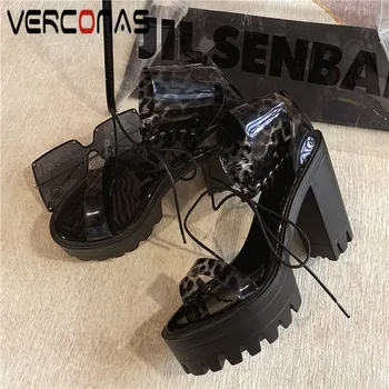 

VERCONAS Woman Pumps 2020 Sexy New Arrival Proms Shoes Women Sandals Summer Cross-Tied Round Toe Square High Heels Shoes Woman