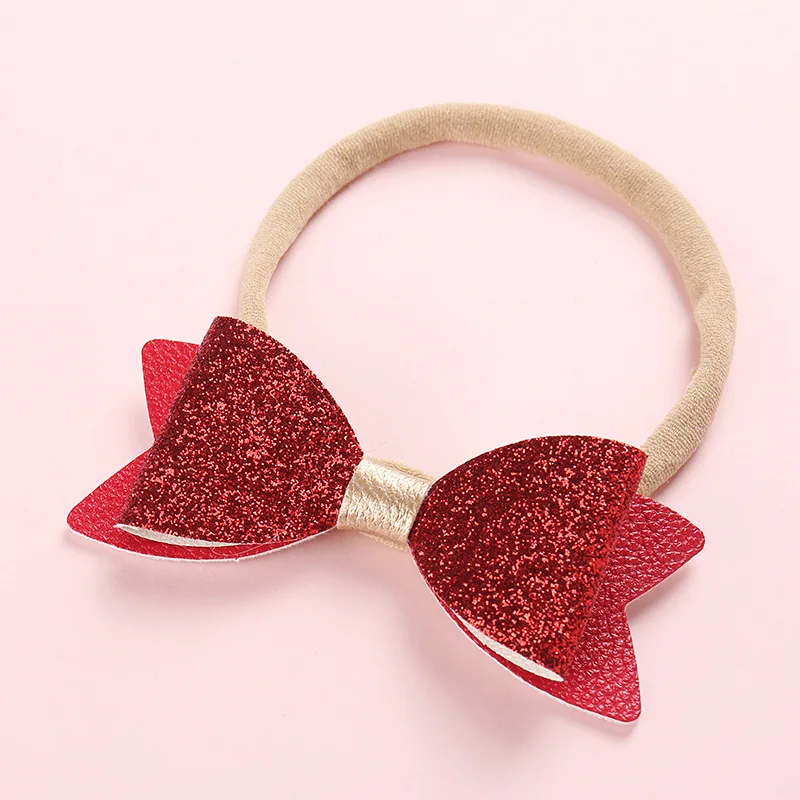 2 10pcs/lot 2 Layer Synthetic Leather Sequin Bow Headband For kids Princess Chic Bow Nylon Elastic Hairbands for Toddlers Girl - Цвет: 2