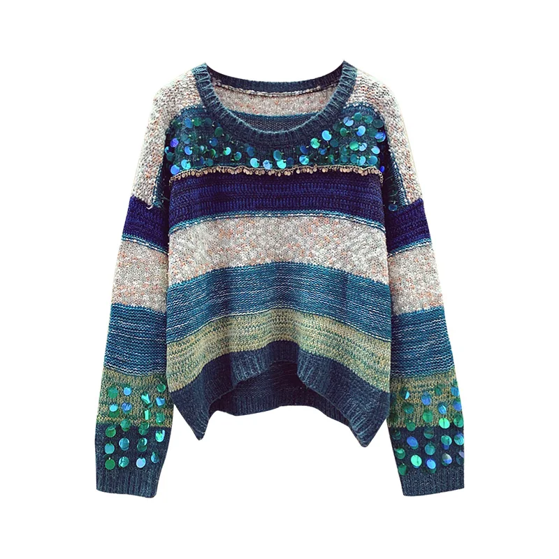 Women Sequined Sweater And Pullovers Beading Long Sleeved Korean Fashion Knit Sweater Rainbow Striped Loose Jumper Sueter Mujer