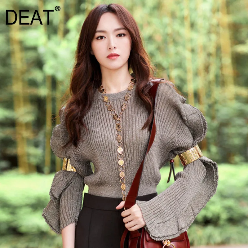 

DEAT 2020 Fashion Autumn New Star With The Same Ruffled Gold Silk Yarn Solid Color Round Neck Slim Sweater Women 19F-a266