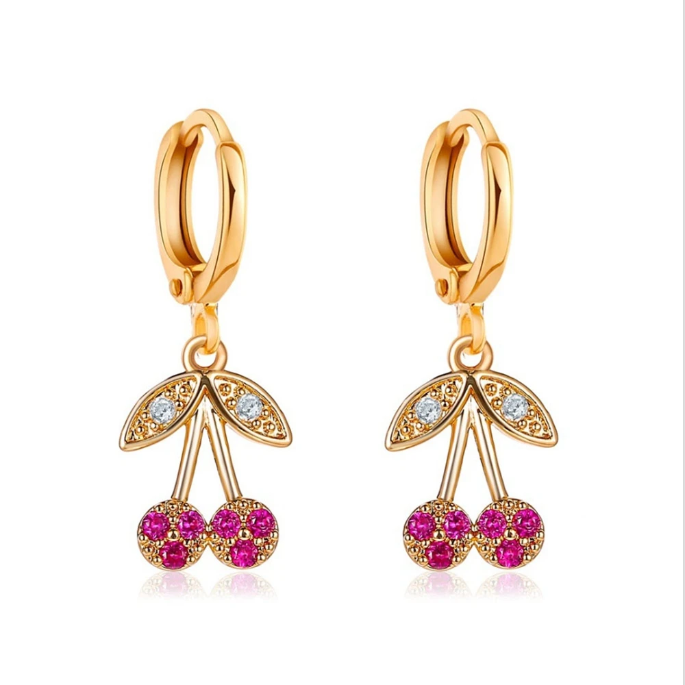 

New Korea Sweet Cute Cherry Pendant Earrings Exquisite Rhinestone Fresh Fruit Eardrop for Girl Jewelry Gift