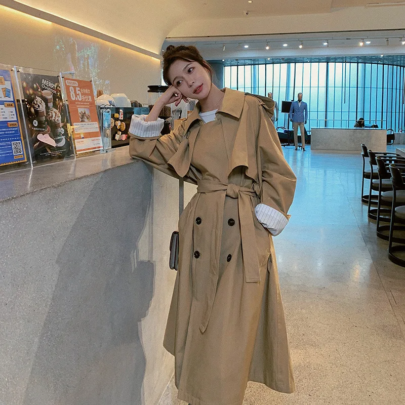 

Photo Shoot 2020 Spring New Style CHIC Korean-style Loose Khaki Casual Lace-up Mid-length Trench Coat Coat Women's Fashion