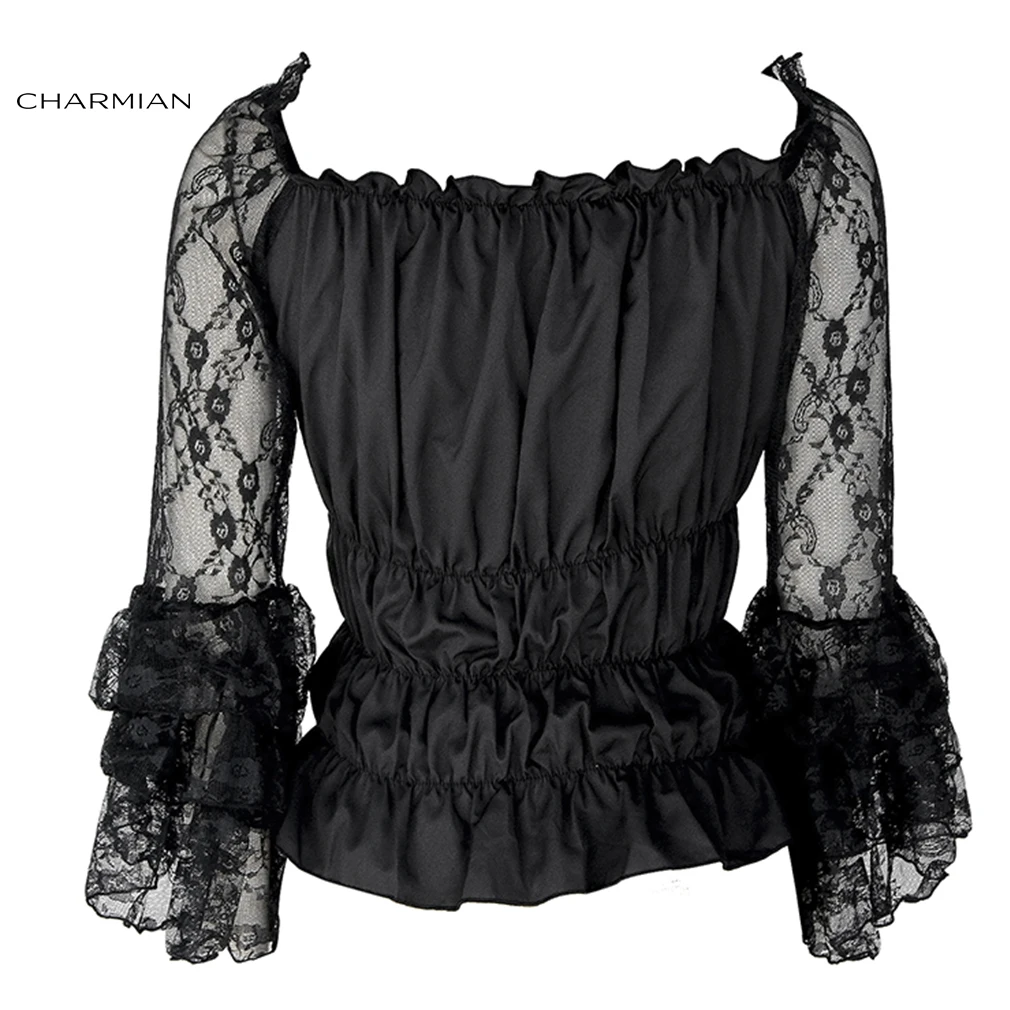 Black Charmian Женская Сексуальная Готическая с открытыми плечами Прозрачная Кружевная многослойная расклешенная рукав гофрированная блузка эластичный Топ - Цвет: Black