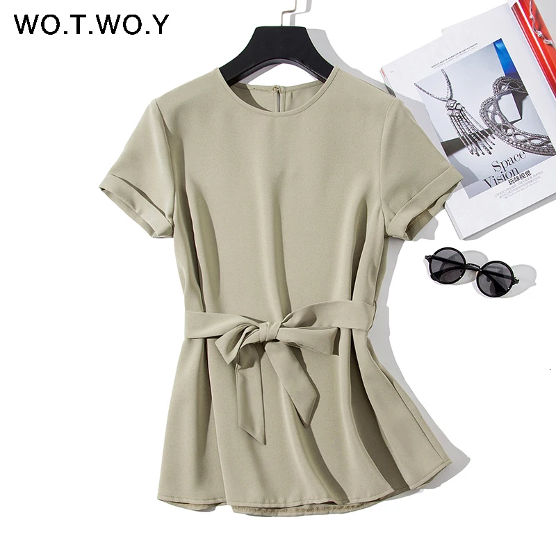 Plain Green Sashes T shirts Women 2019 Spring Summer Casual O-Neck Belt T-shirt Female Yellow Solid Woven Tops Harajuku