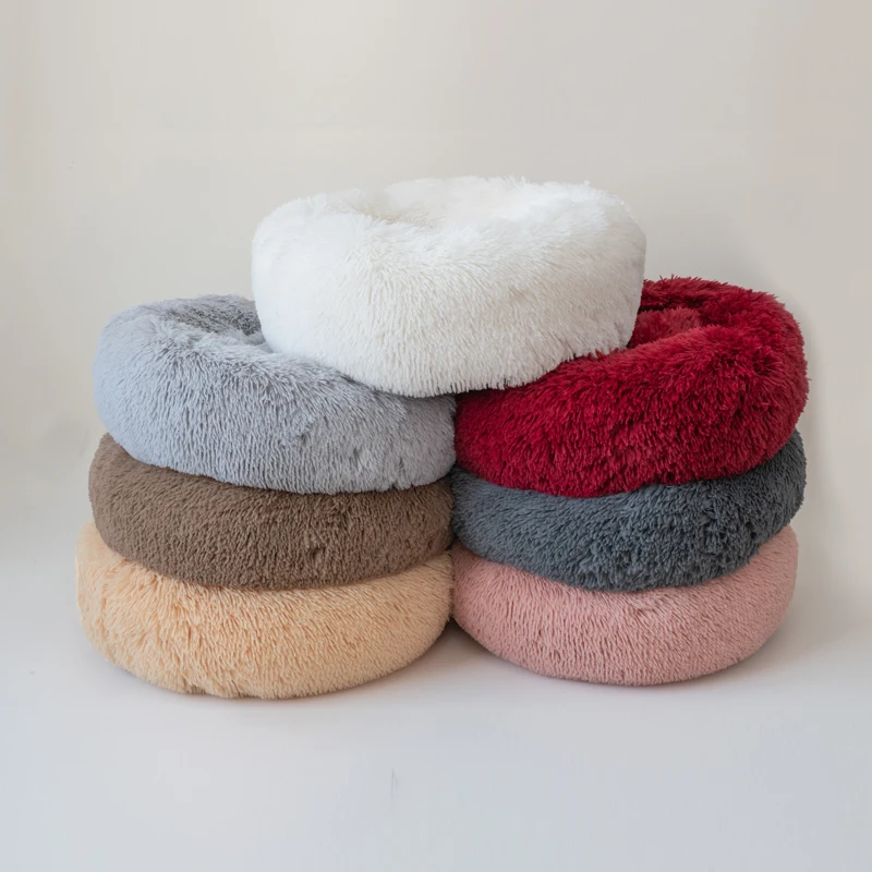  Round Plush Cat Bed House Soft Long Plush Cat Bed Round Pet Dog Bed For Small Dogs Cats Nest Winter