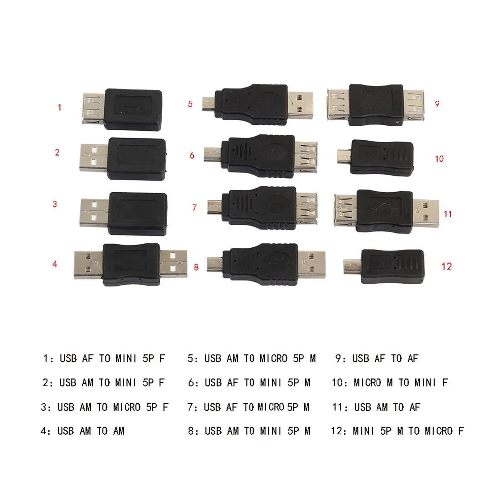 Универсальный 12 шт. USB 2,0 Мужской к женскому Micro USB мини портативный Сменный адаптер высокоскоростной конвертер набор черный разъем