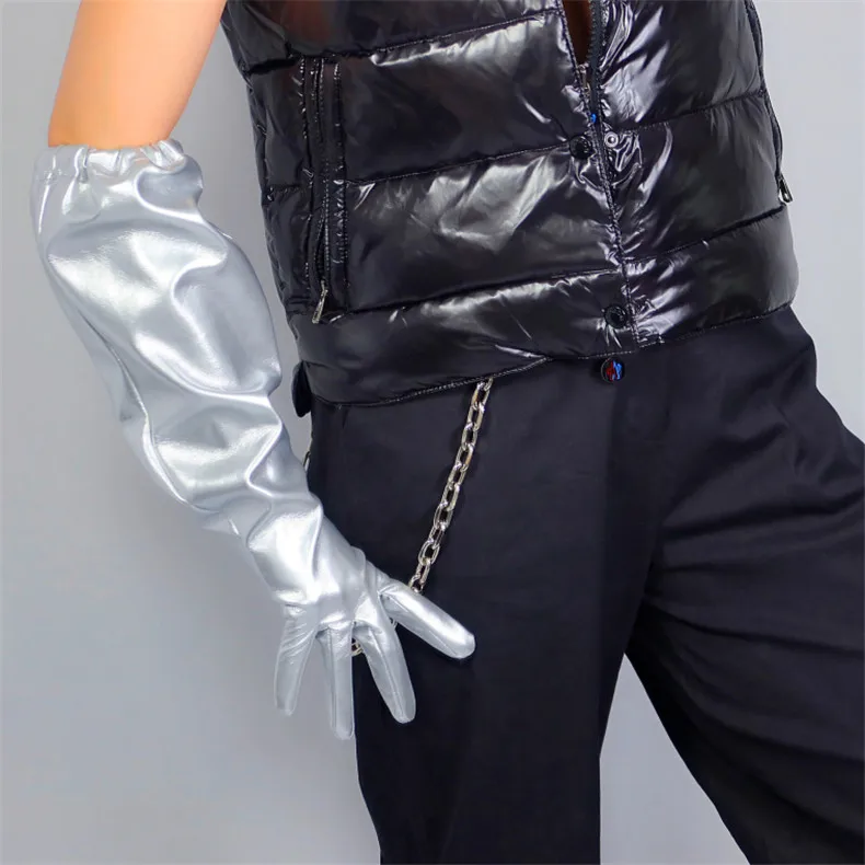 Длинные кожаные перчатки искусственная кожа PU 2" 50 см Красная Эластичная лента манжета Большие широкие рукава Мужские Женские WPU180
