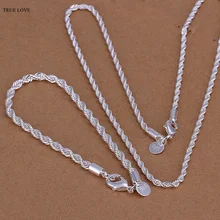  2pcs Silver Jewelry Sets for Women Men 3mm Twisted Chain Bracelet Necklace Jewelry Sets Fashion Morrocan Jewelry Wholesale 