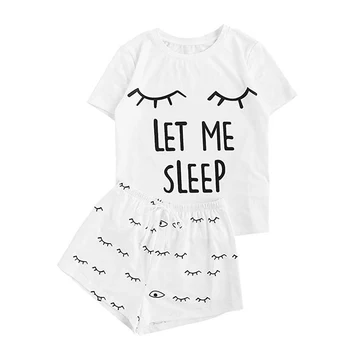 

Letter Pajamas Set Women Cute Cat Pritnt Short Sleeve Pyjama T-shirt Shorts Sleepwear Nightwear Set Homewear Femme Pajama Set