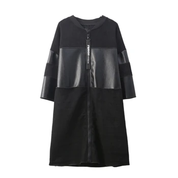 

ABDB-Loose Fit Black Pu Spliced Big Size Jacket New Stand Collar Long Sleeve Women Coat Fashion Autumn