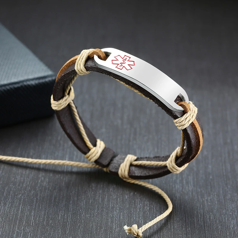 Men Retro Leather Rope Chain with Personalize Custom Engrave Medical Alert ID Bracelets for Women Reminder Info Jewelry