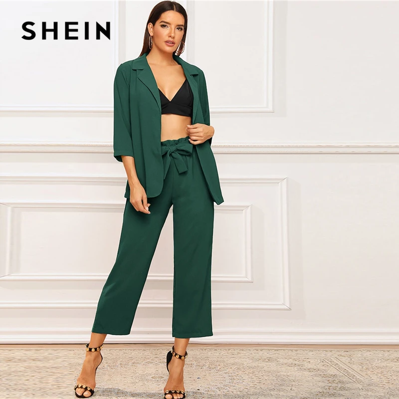 SHEIN, однотонный блейзер с вырезом и поясом, укороченные штаны, Женский комплект 2 шт., осенняя элегантная Офисная Женская одежда, комплект из двух предметов
