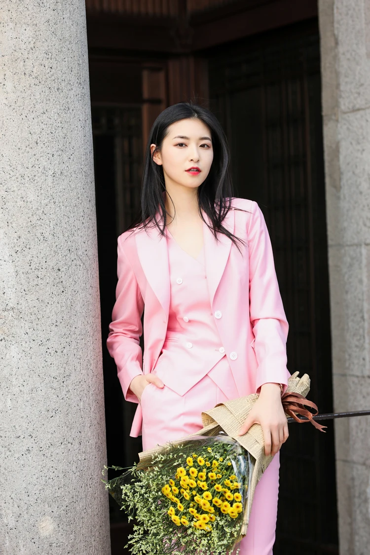 

JRHYME Pink Womens Suits Blazer With Pants,Womens Suits Set 3 Pieces For Work,2019 New High End Blazers Pants Vest
