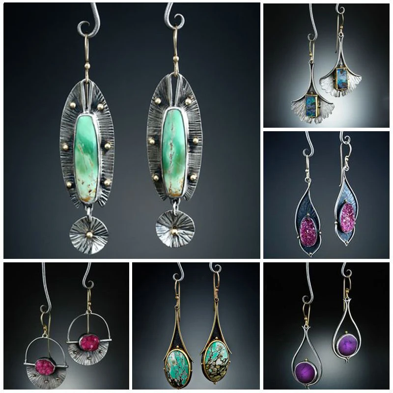 Vintage Earrings Tribal Geometric Stone Hook Dangle Female Gypsy Indian Long Statement Earring Pendientes Mujer Z4D326 | Украшения и
